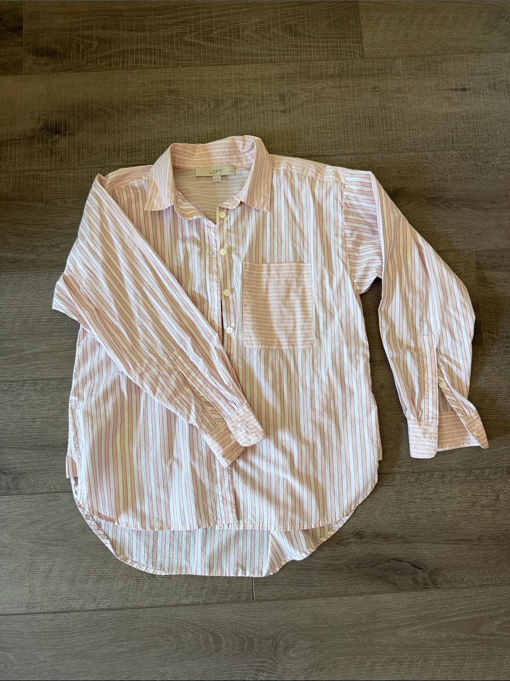 LOFT Pink and White Striped Button-Down Shirt